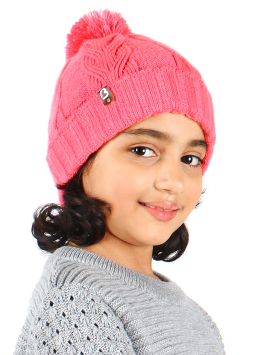 BHARATASYA Winter Hand Knitted Cute Stylish Cable Knit Winter Pom Pom Cap for Kids Unisex (Age 5-10 Years) (Pink)