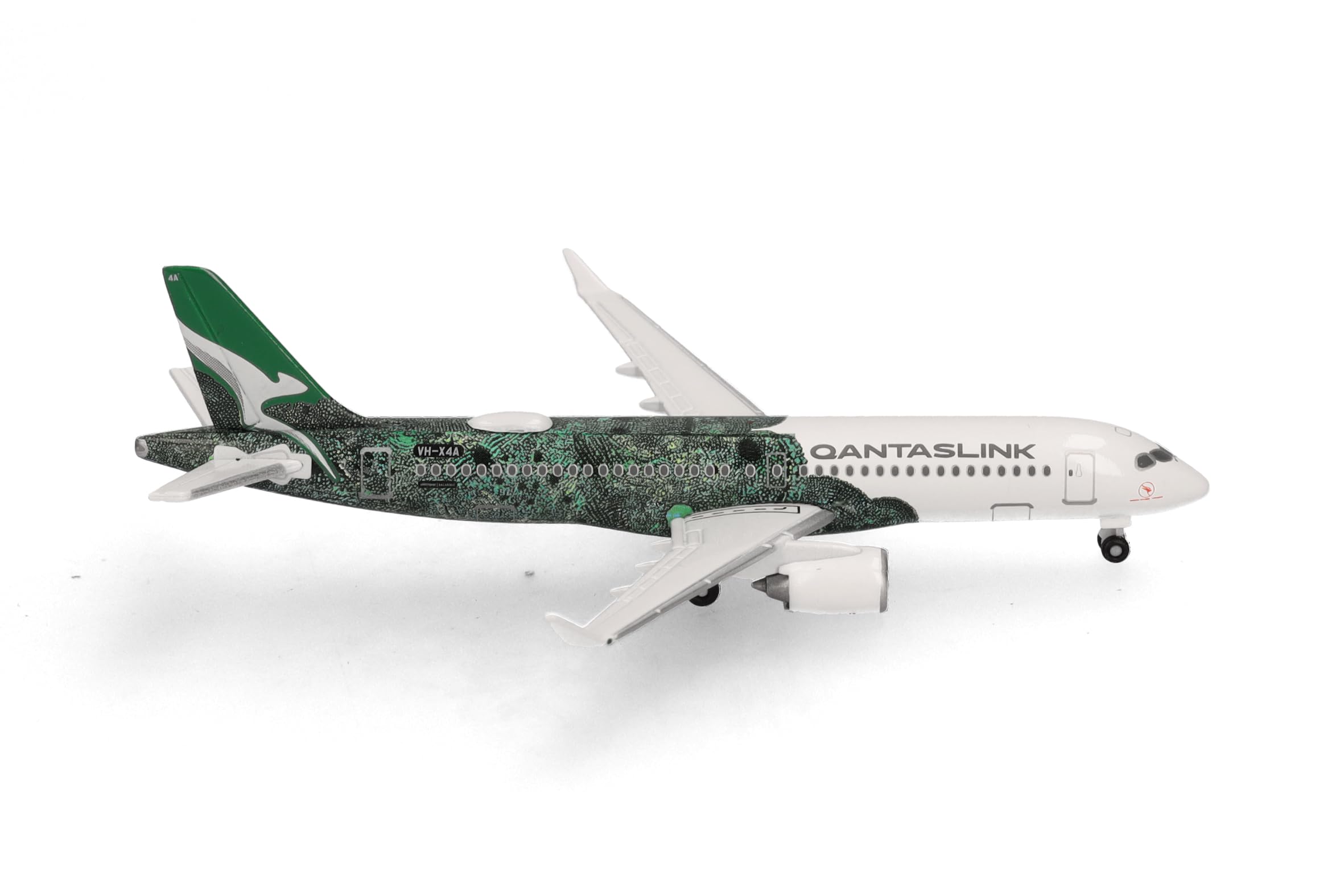 Herpa Modellino aereo QantasLink Airbus A220-300 – Flying Art Series/Minyma Kutjara Tjukurpa, miniatura in scala 1:500, pezzo da collezione, modello di aereo senza base, metallo