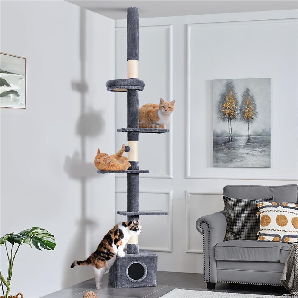 Yaheetech 226-265,5 cm Kratzbaum deckenhoch XXL Katzenbaum groß dunkelgrau | Höhenverstellbarer Kletterbaum | mit Deckenspanner | Flexibel in jede Richtung drehen | mit 3 Kratzsäulen & 4 Plattformen