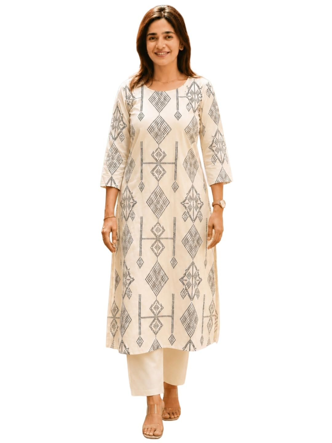 Viscose Blend Printed Straight Kurta with Pant for Women | Viscose Blend Cream | 3/4 Sleeve | Round Neck | Ethnic Wear Casual Wear-image-32