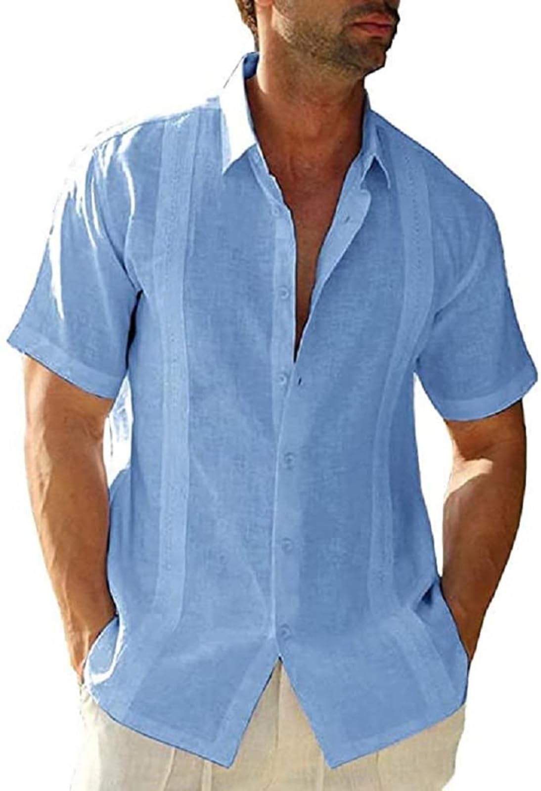 Friptspyg Hombre Camisa de Lino para Manga Corta Estilo Casual y Ajuste Regular Fit Cubana Camp Guayabera Camisa de Verano