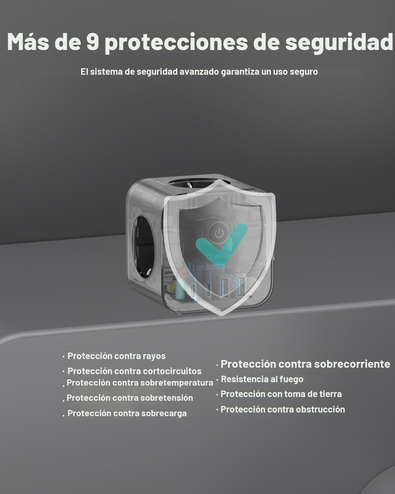 VEFVE Cubo Regleta 70W GAN, Cargador Rápido USB C, Ladrón Enchufes 7 en 1 con Interruptor, Compatible con iPhone 17, Galaxy S26, MacBook, Cable 3m, Negro