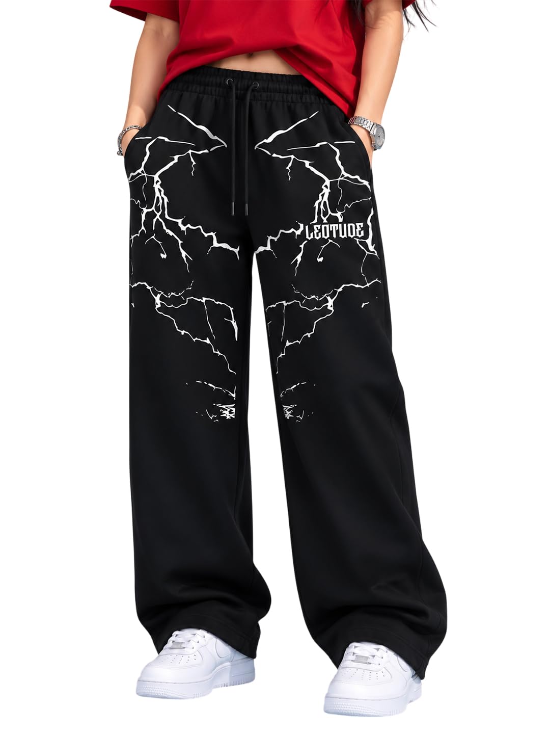 leotude Women's Premium Cotton Printed Baggy Track Pants | Baggy Fit Casual Streetwear Trousers | Korean Style Joggers | Soft Cotton Blend Gym, Travel Track for Womens (Black)-picture-27