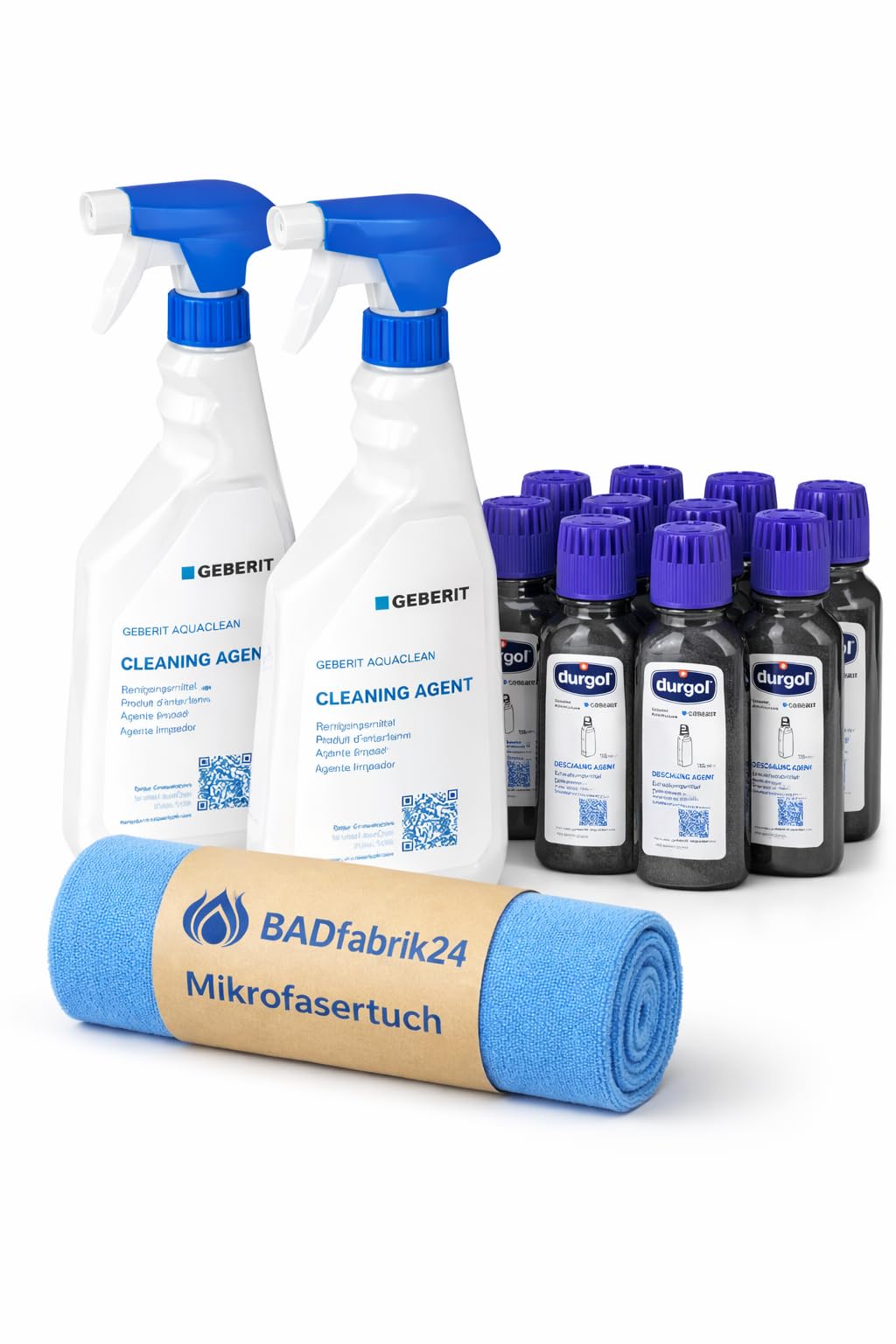Geberit AquaClean Pflegeset – Reinigungsmittel 2 x 500 ml + Entkalkungsmittel 10 x 125 ml + Mikrofasertuch – Für gründliche Reinigung und Entkalkung Ihres Dusch-WCs