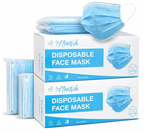 Flourish Disposable 3 Layer Face Masks x 100 – Face Coverings with Ear Loops, Adjustable Nose Clip, UK Stock
