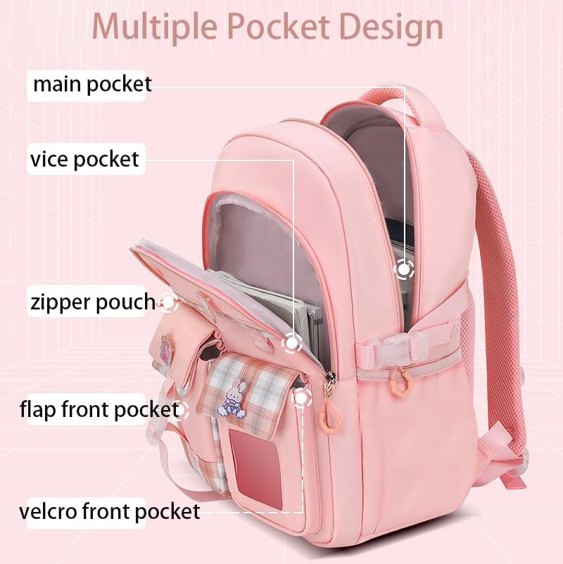 Girl Backpack for School Kids, Pink Cute Bookbag with Lunch Box Rainbow Elementary School Bag Pencil Case (Pink,3Pcs Set) - Image 3