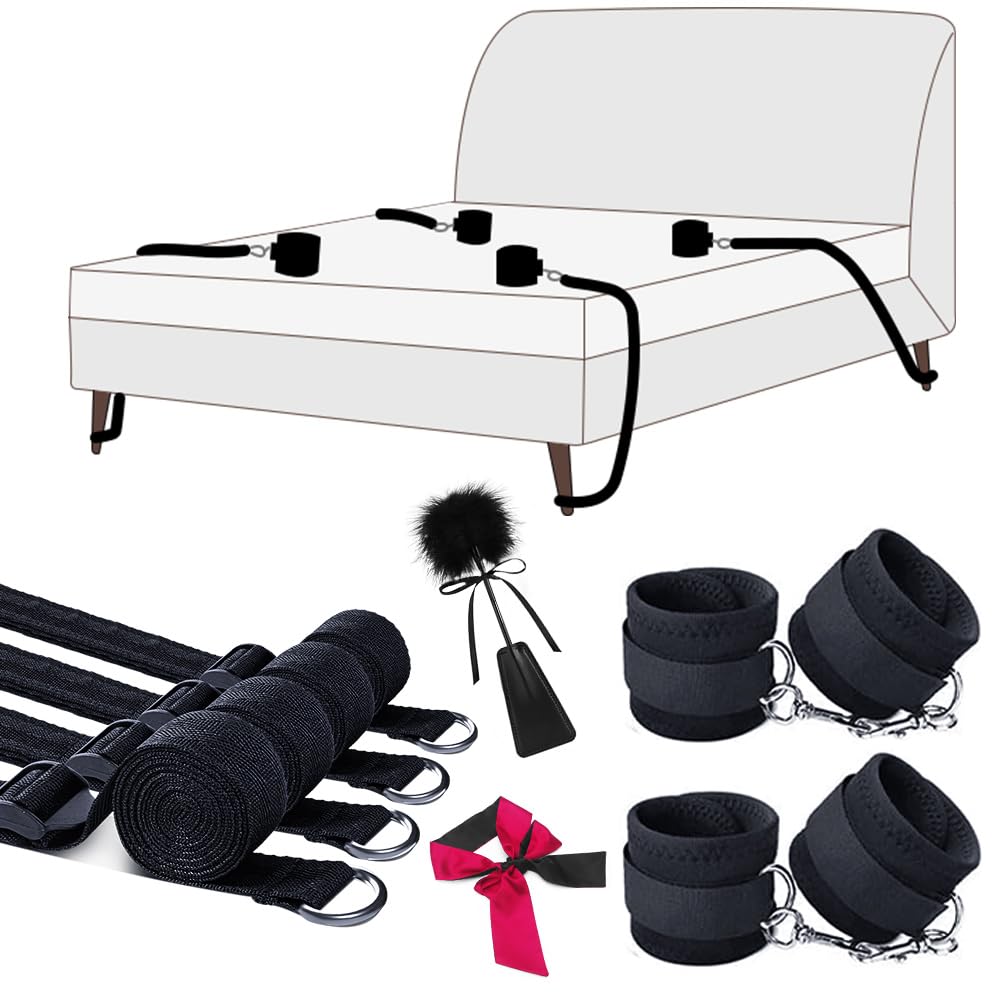 Sex Bondage BDSM Bed Restraints, Couples Sex Toys 75'' Bondage Sex Straps Restraints Set Adjustable with Handcuffs Blindfold Tickler, BDSM Kit Couple Adult Toy