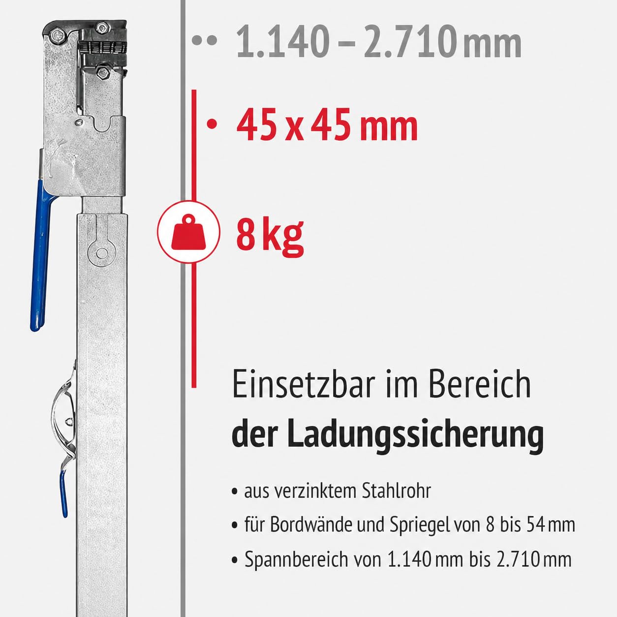Zwischenwandverschluss MT Vario | Spannbrett mit 1.140–2.710mm Spannbereich und 8–54mm Klemmbereich | Zur sicheren Ladungssicherung Gütern (1, Silber)