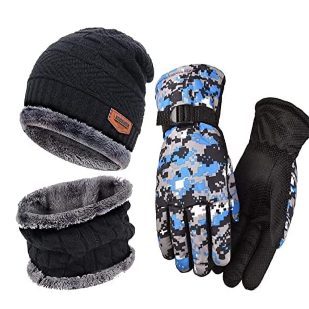 Sizzers Winter Cap with Neck Scarf and Hand Gloves Ultra Soft Unisex Woolen Cap Plus Muffler Scarf | Army Printed Gloves | Men and Women (Black)