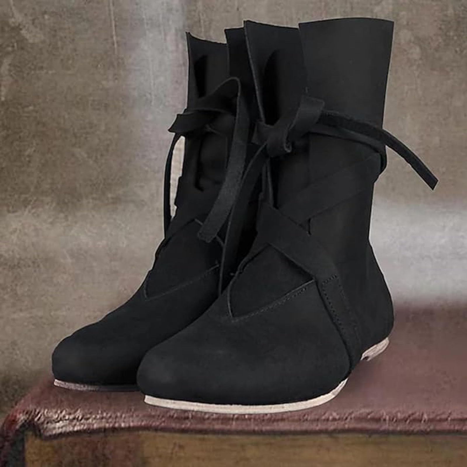 Mittelalter Schuhe Herren Damen,PU-Leder Retro Cowboystiefel für Cosplay Stiefel Weich Bequem Leder Freizeit Schuhe Flache Halbhohe Sommerstiefel Weich Bequem Schnürschuhe Leder Freizeitschuhe