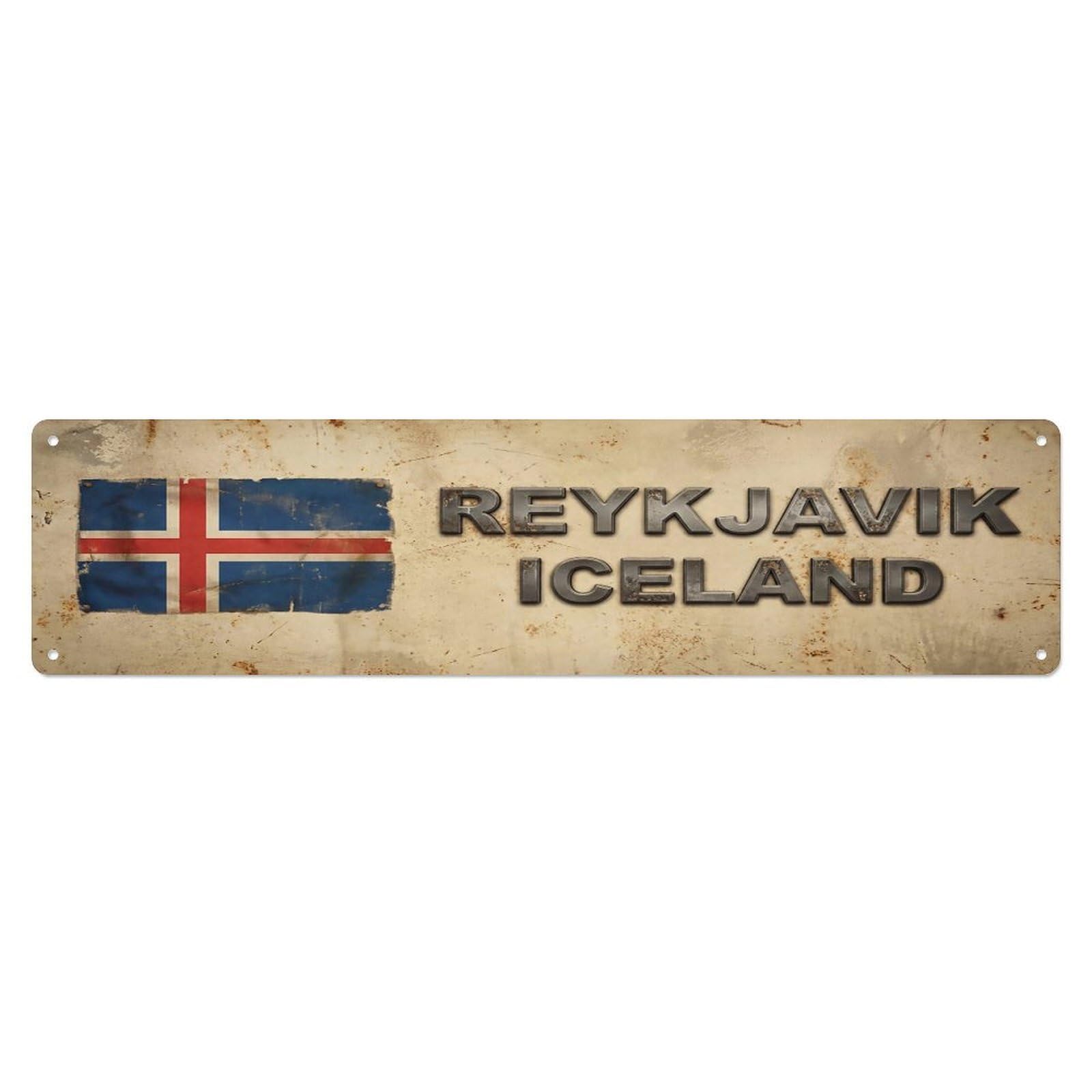 Vintage Reykjavik Iceland Flag Decor Rustic Travel Metal Tin Sign