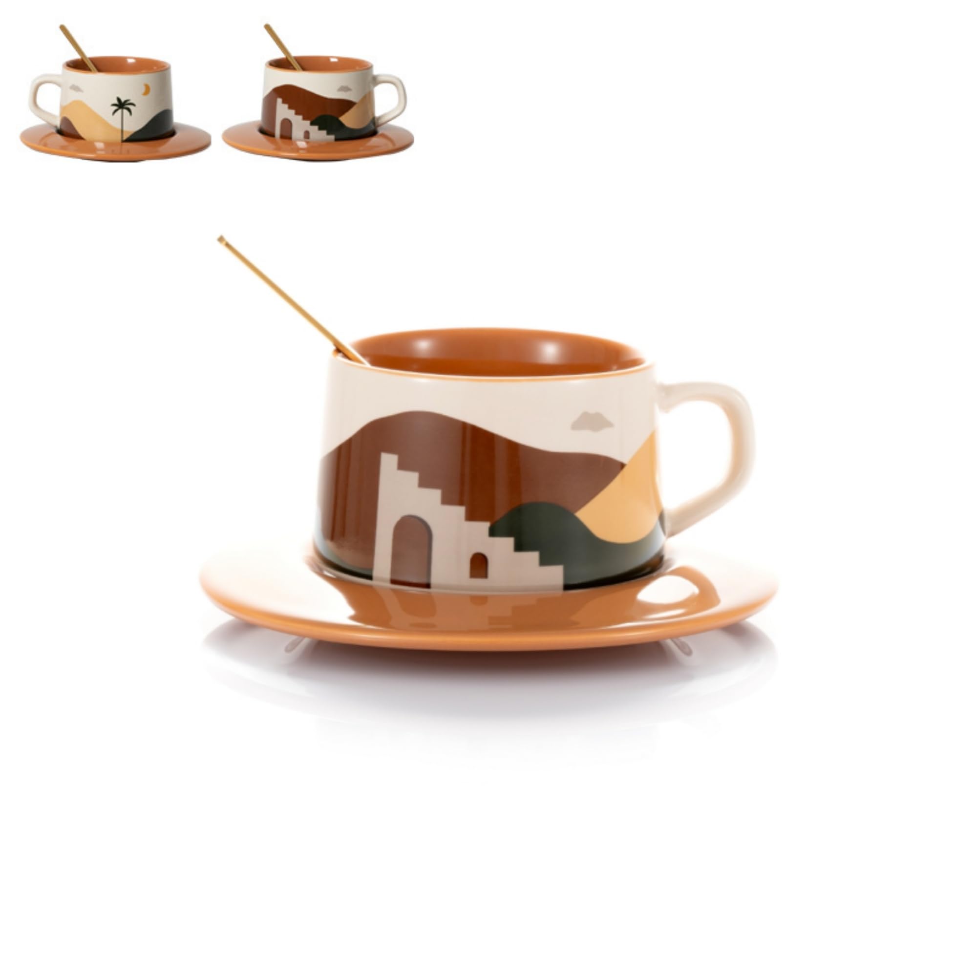 SHENDONG Ceramic Coffee Mug,Cup & Saucer Sets,Novely Tea Cup with Spoon,Creative Oasis series Espresso Mug,250ml Coffee Cup for Cappuccino Latte Mocha,Gifts for Women,Men and Friends (Desert)
