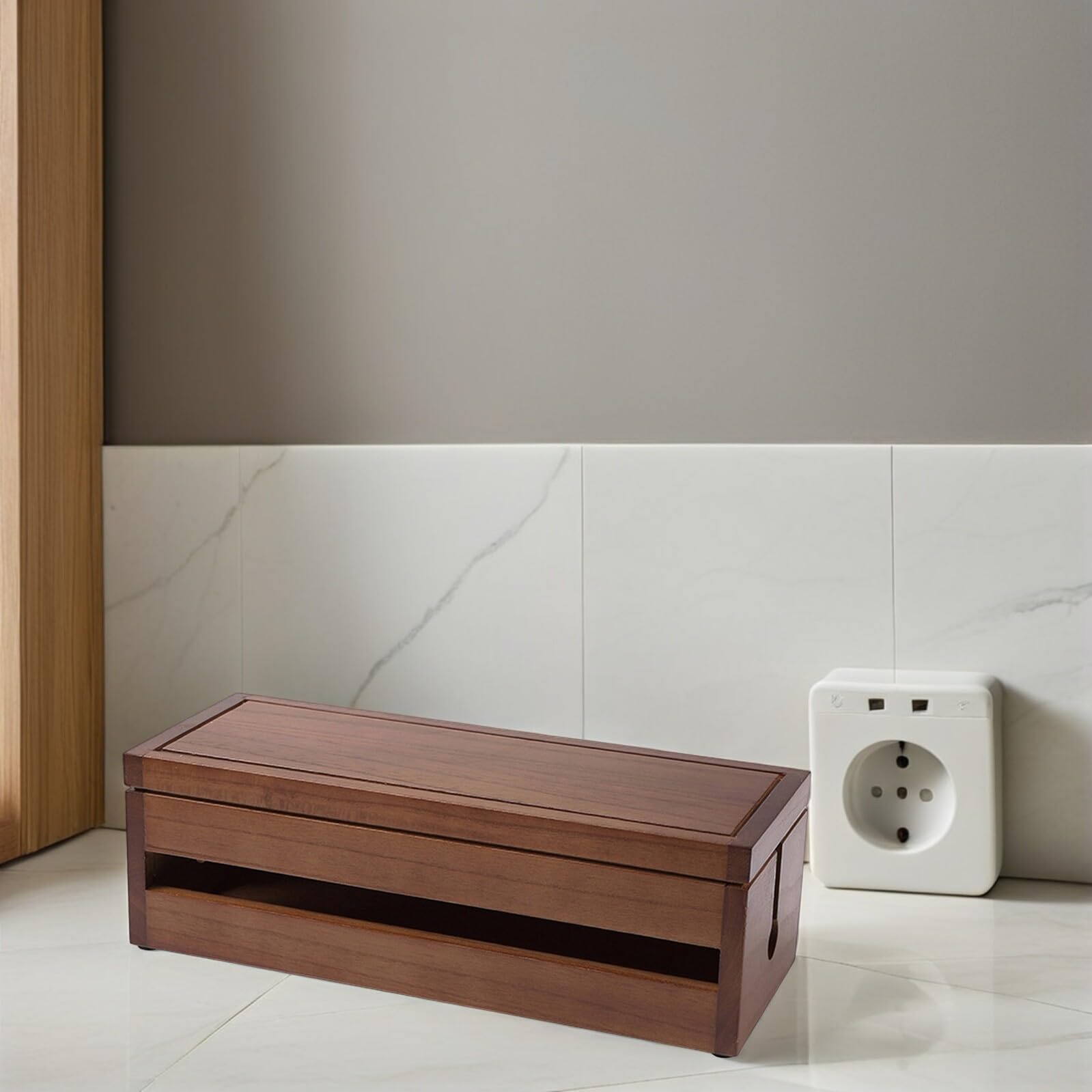 Caja Organizadora de Cables y Enchufes de Madera, Grande | Color Café, Tapa Desmontable, Diseño Hueco Multilateral para Disipación de Calor, 1