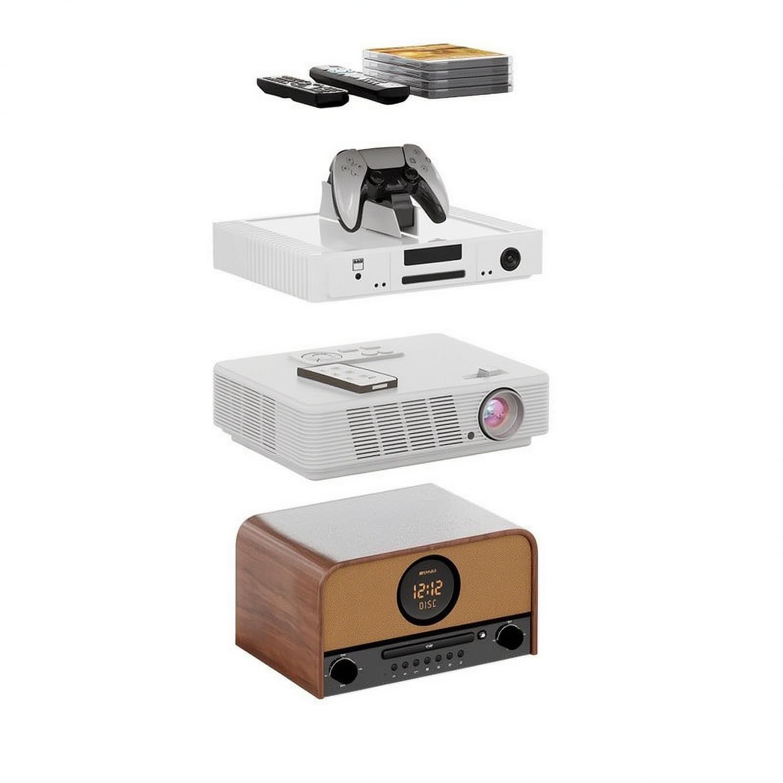 Robusto supporto multimediale con ripiani stereo per organizzare le