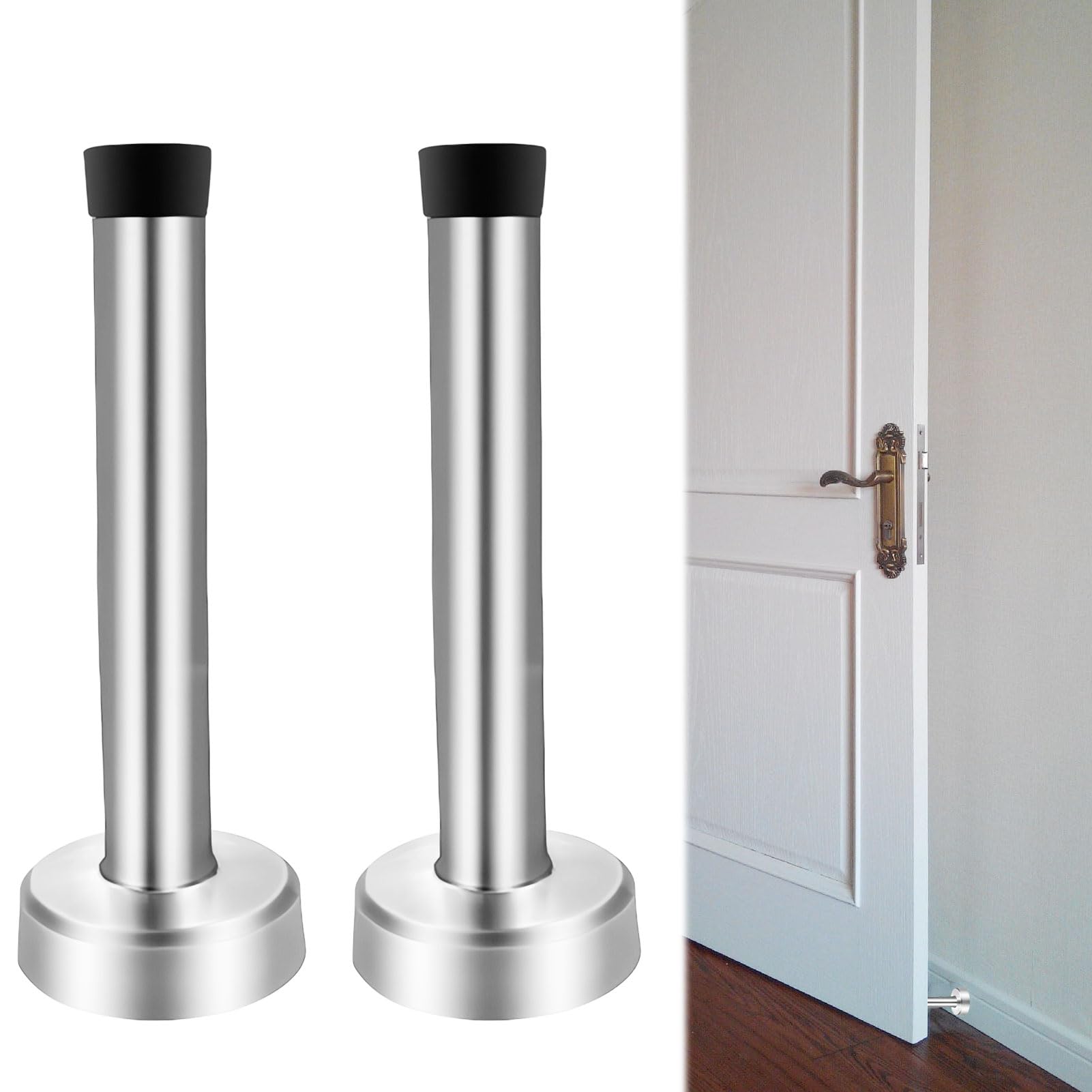 2 PCS Silver Door Stopper,5 Inch (120mm) Long Door Stopper,Stainless Steel Brushed Nickel Doorstops with Rubber Bumper Tips,for Outdoor Indoor Office Home and Public Spaces