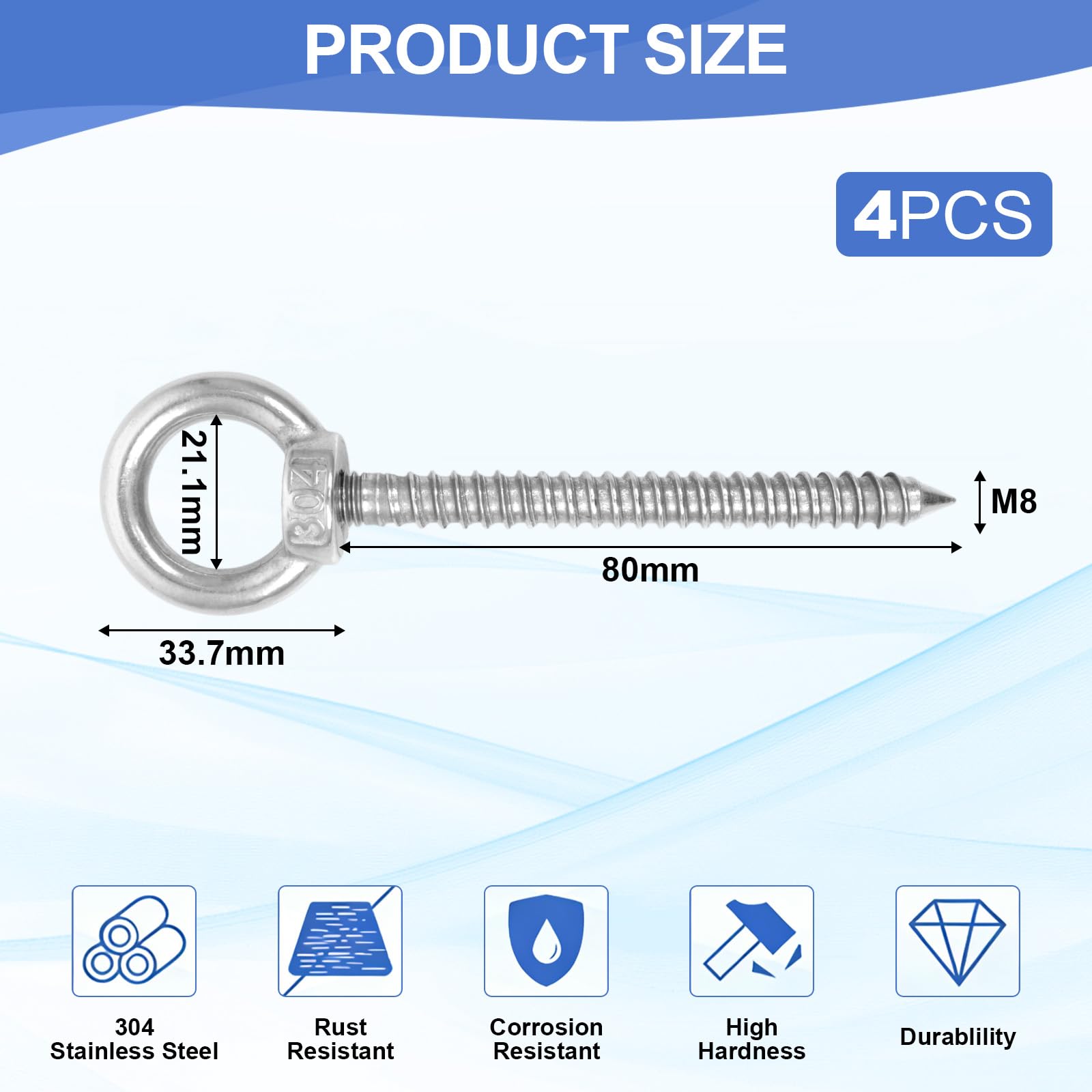 4 pezzi Vite con occhiello M8, viti con occhiello in acciaio inossidabile 304 Heavy Duty, vite con occhiello lunga M8 x 80 mm per applicazioni interne ed esterne pesanti - amache, tende da sole