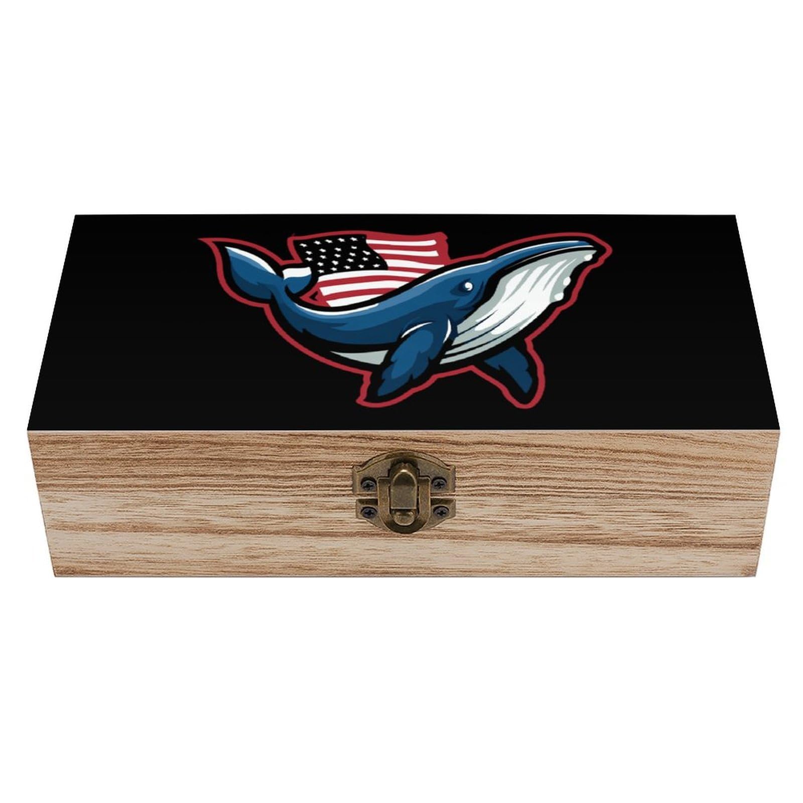 US Flag Whale Wooden Box with Hinged Lid Decorative Storage Case Container