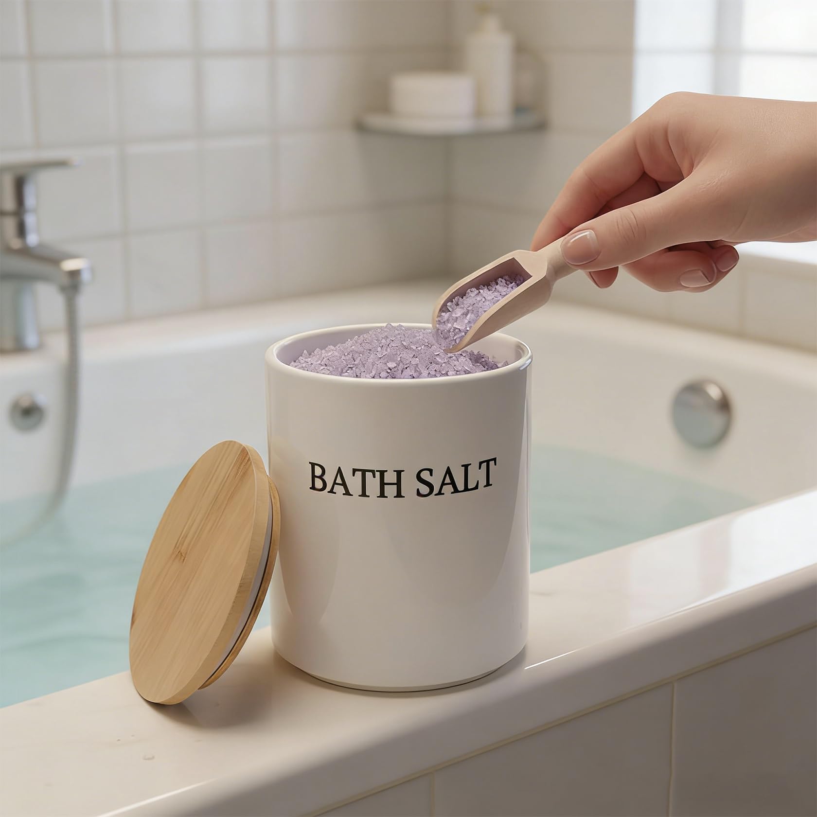 Barattolo in vetro con coperchio in bambù, ermetico per sali da bagno, Epsom sale e cosmetici, con cucchiaio e tappetino, decorazione da bagno per donne, bianco