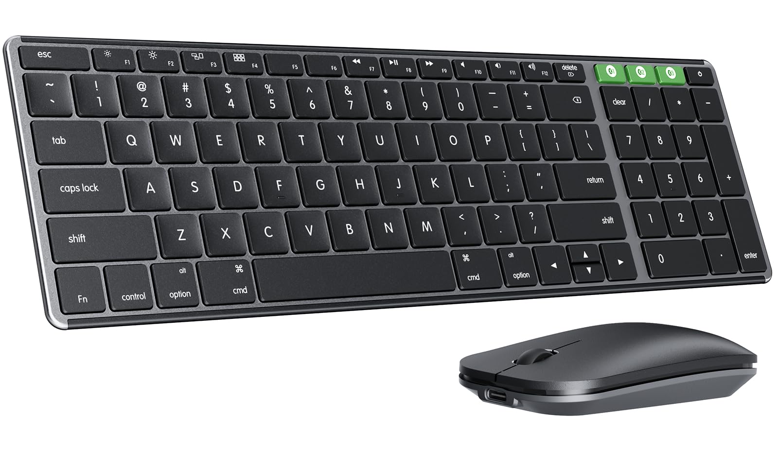 Wireless Bluetooth Keyboard and Mouse for Mac, Multi-Device Rechargeable Slim Keyboard and Mouse Stainless Steel Full Size, Compatible with MacBook Pro/Air, iPad, iMac - Green Connect Button