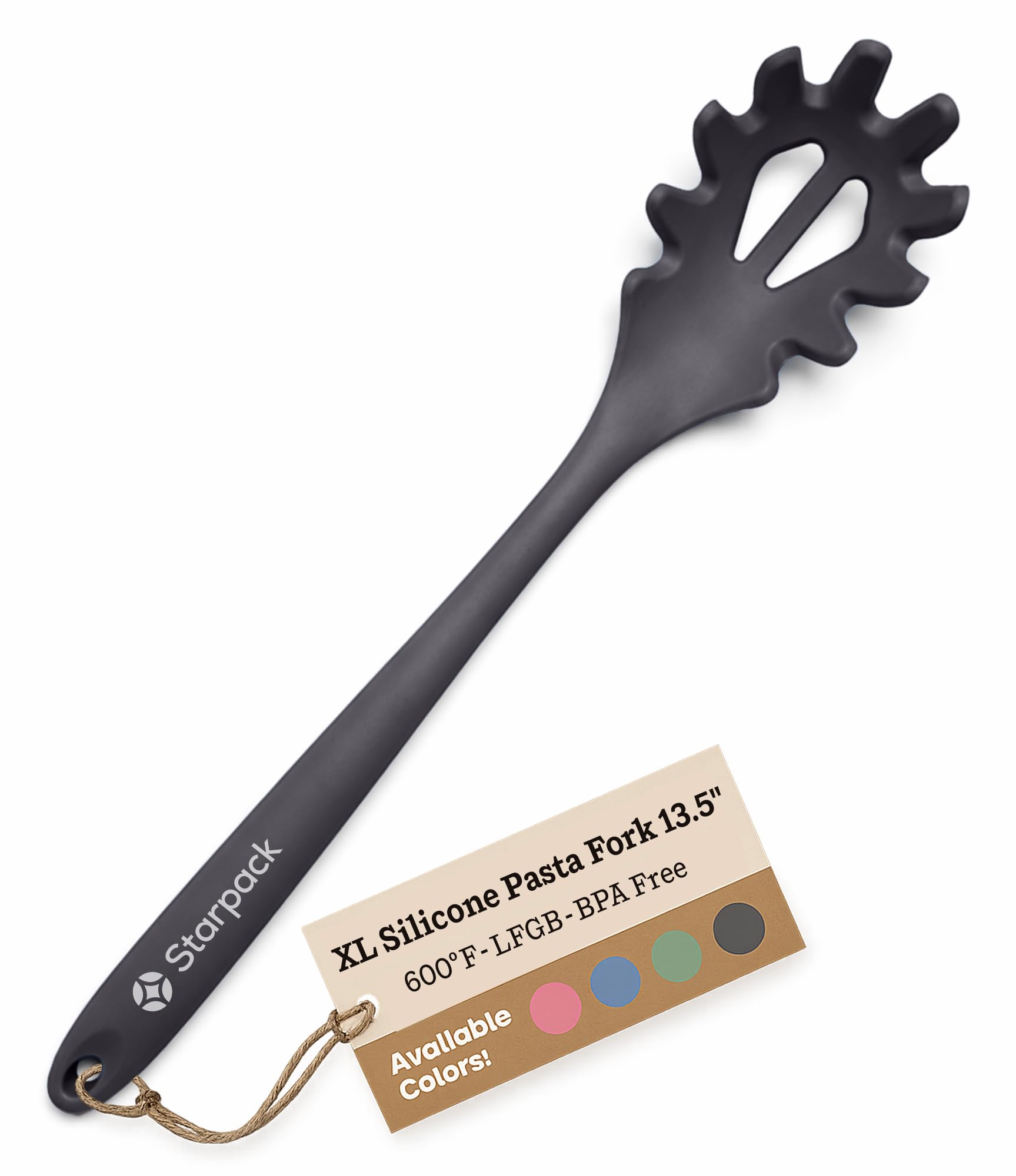 Starpack XL Premium Silicone Pasta Fork (13.5") - Spaghetti Spoon High Heat Resistant to 600°F - Silicone Pasta Spoon Strainer - Pasta Server Spoon with Teeth - Pasta Server Utensil