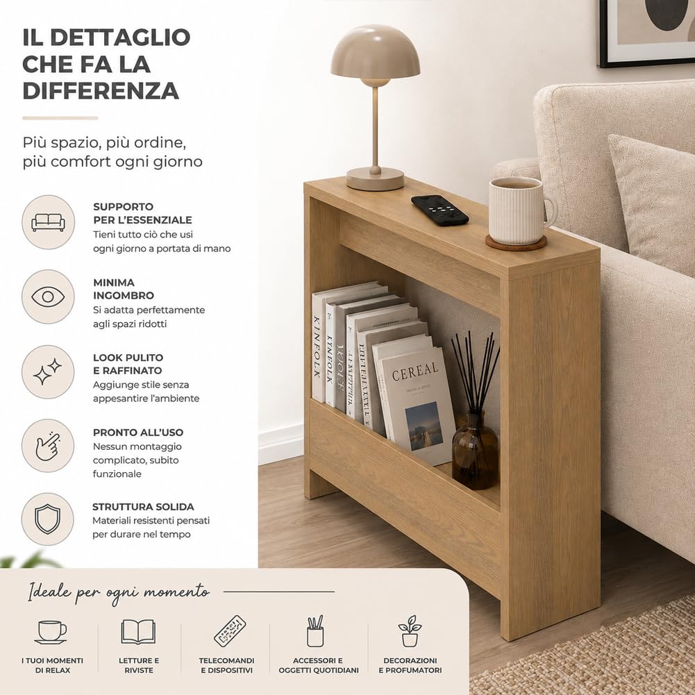 Shally Dogan Tavolino Laterale Divano Salvaspazio, Tavolo Multifunzione per Ingresso, Console Versatile Design Minimal, Mobile Doppio Ripiano Struttura Resistente, 55 x 20 x 60 cm (Quercia)