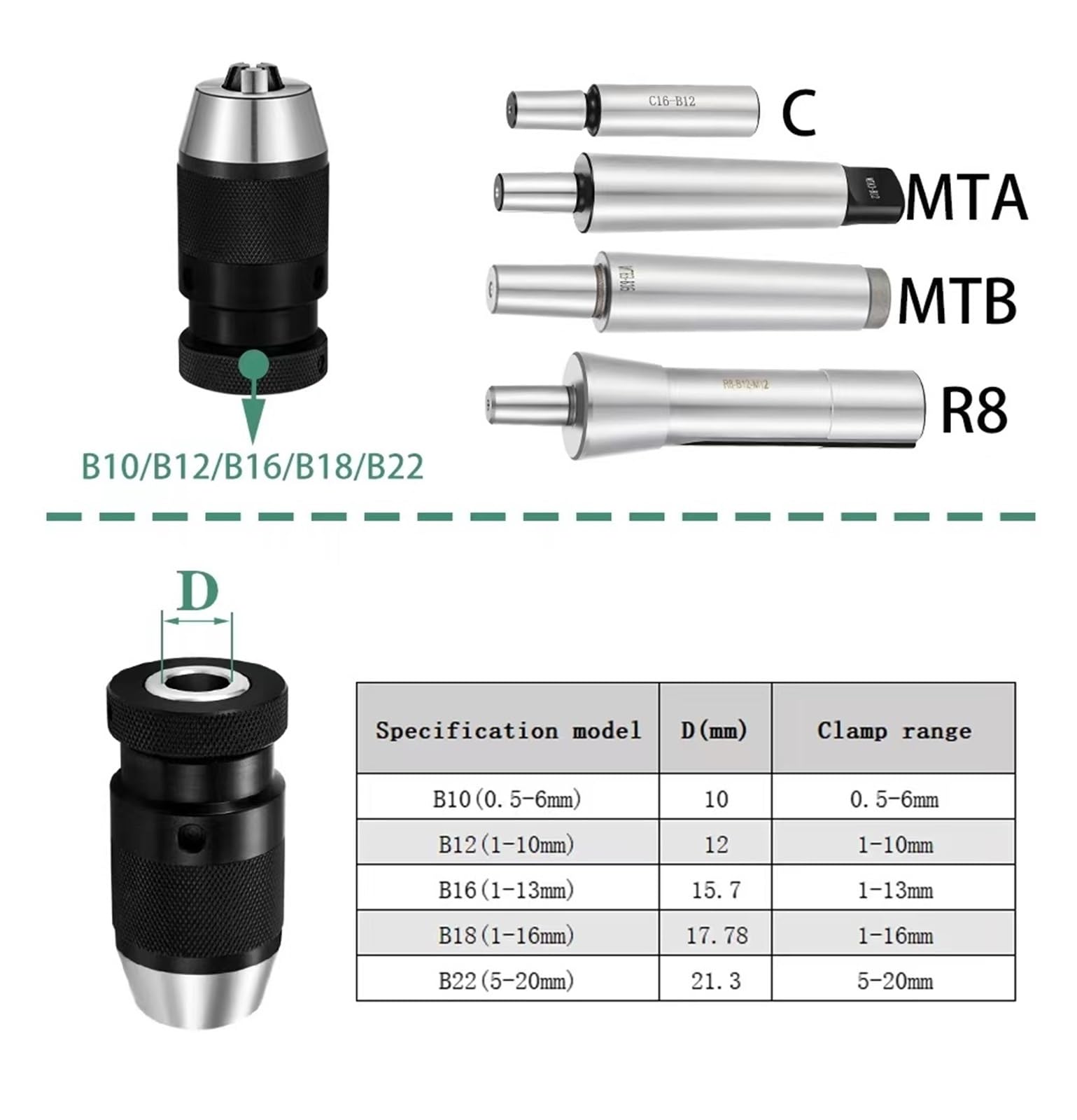 MT1 MT2 MT3 MT4 MT5 R8 C10 C12 C16 C20 B10 B12 B16 B18 B22 Uchwyt wiertarski Tokarka samozaciskowa(MTA2-B12(1-10mm))