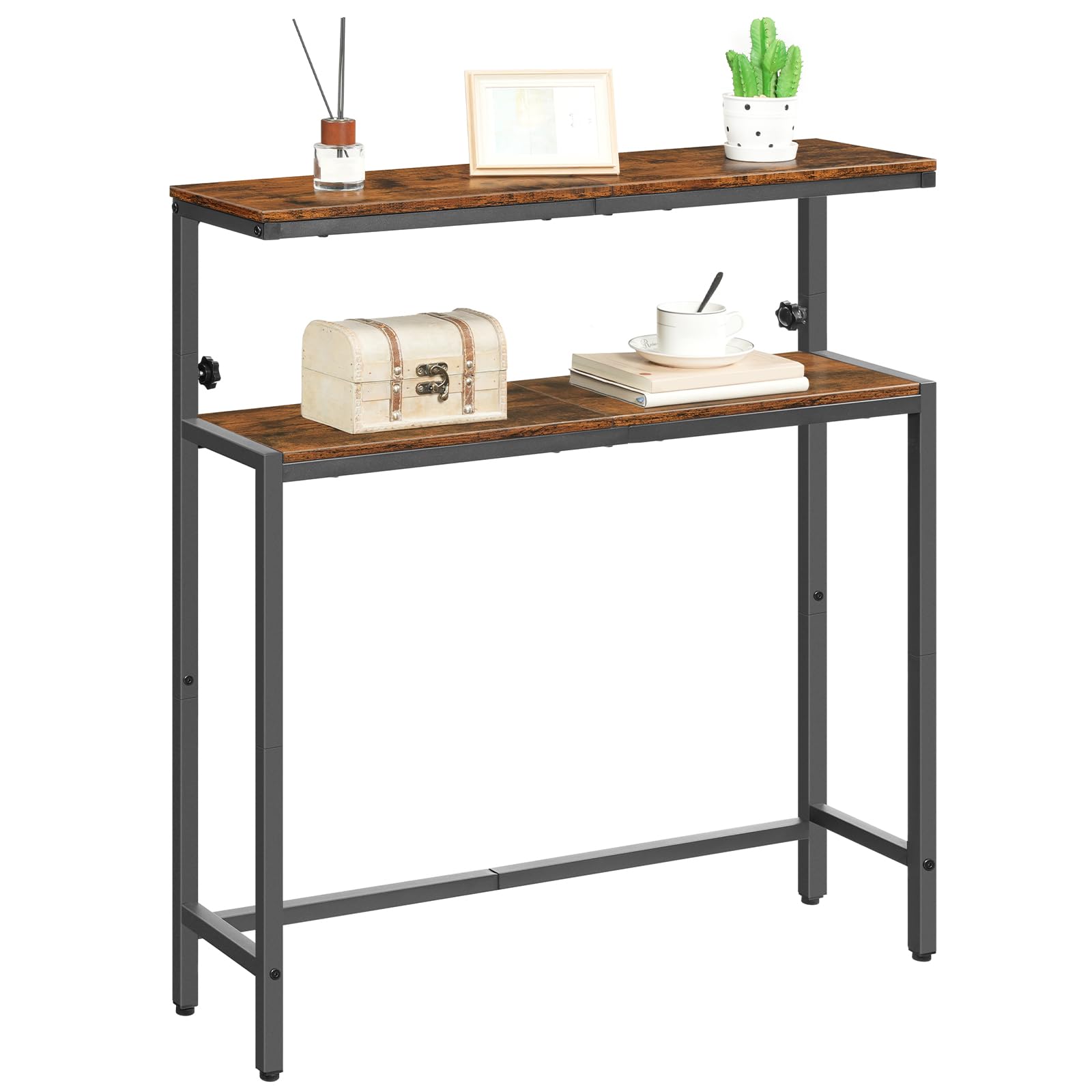 HOOBRO Lot de 2, Table d’Entrée à 2 Niveaux, Table de Canapé de Style Industriel, pour Petits Espaces, Couloir Étroit, Salon, Hauteur Réglable de 80 à 100 cm, Marron Rustique et Noir EBF96XGP201