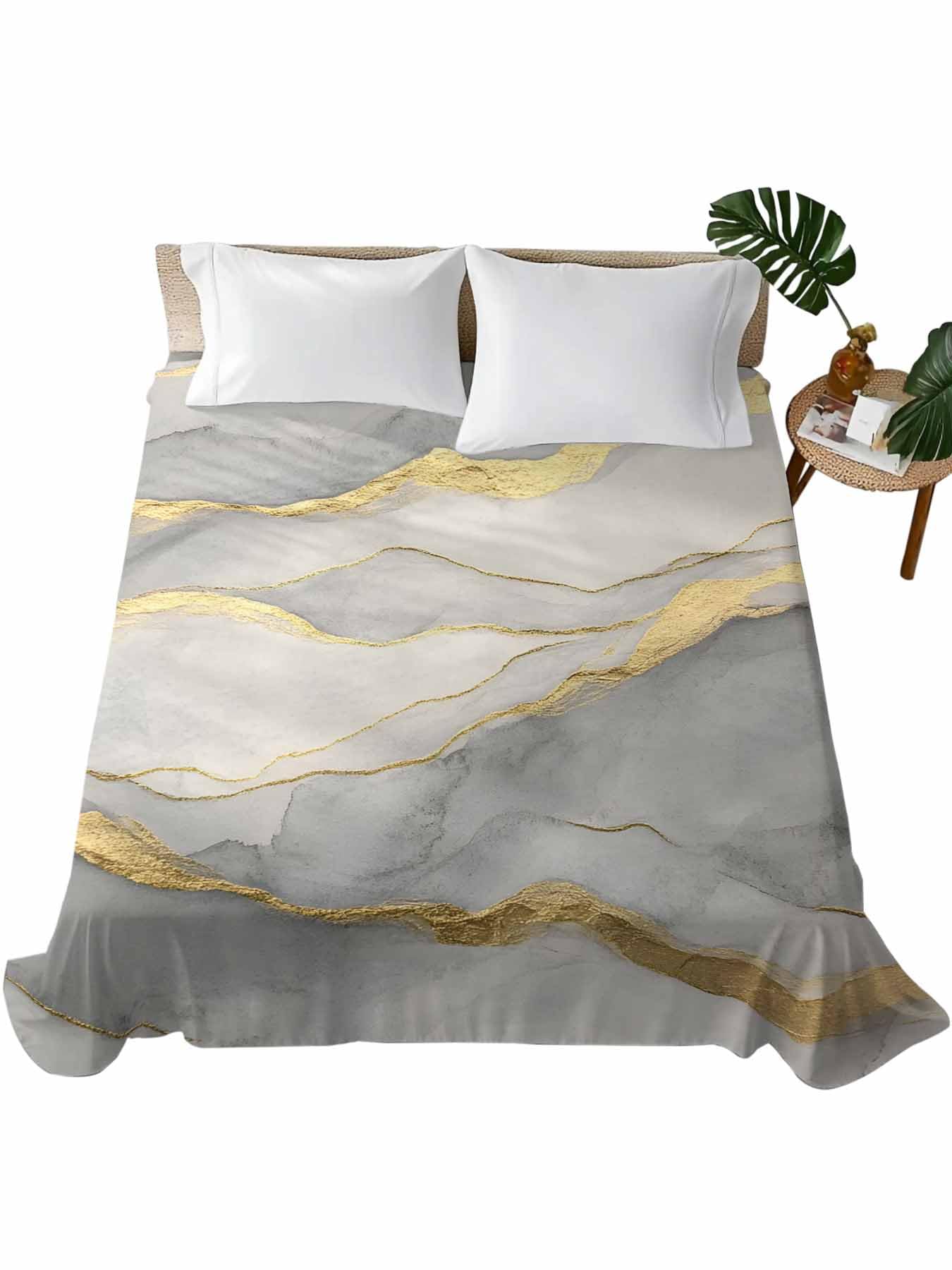 Cal King Size Flat Bed Sheet,Marble Grey Microfiber Brushed Single Flat Sheet Only,Modern Gold Luxury Neutral Texture Soft & Breathable Top Sheet