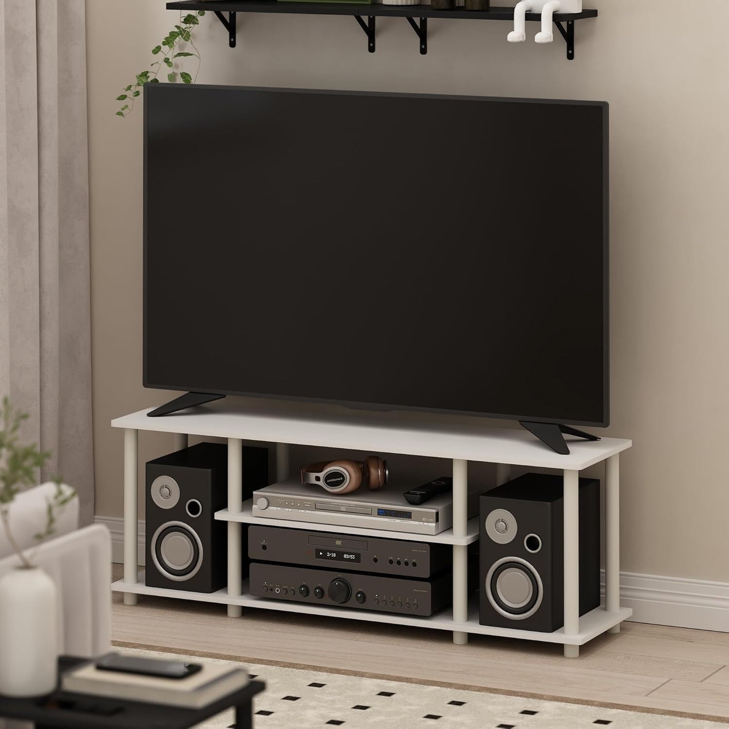HomeStock Artisanal Artistry Tiered Elevated Tv Stand - Innovative Wooden TV Stand with Elevated Design, No Tools Required for Assembly, Perfect for Modern Living Rooms White/3 Tier