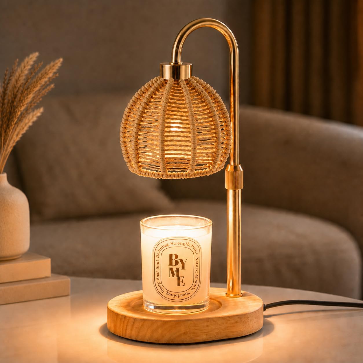 Boho Candle Warmer Lamp with Timer, Dimmable, Adjustable Height, Wood Base | Handwoven shade, flameless wax melting, cleaner fragrance release, cozy boho decor for home, desk and gift use