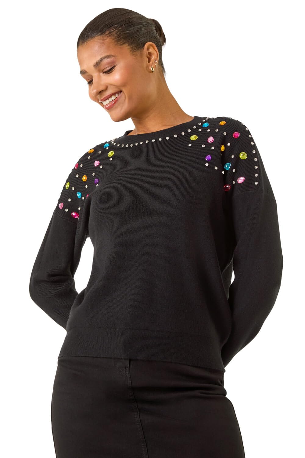 Roman Women's Black Embellished Shoulder Knit Jumper In | Size: Small/Medium