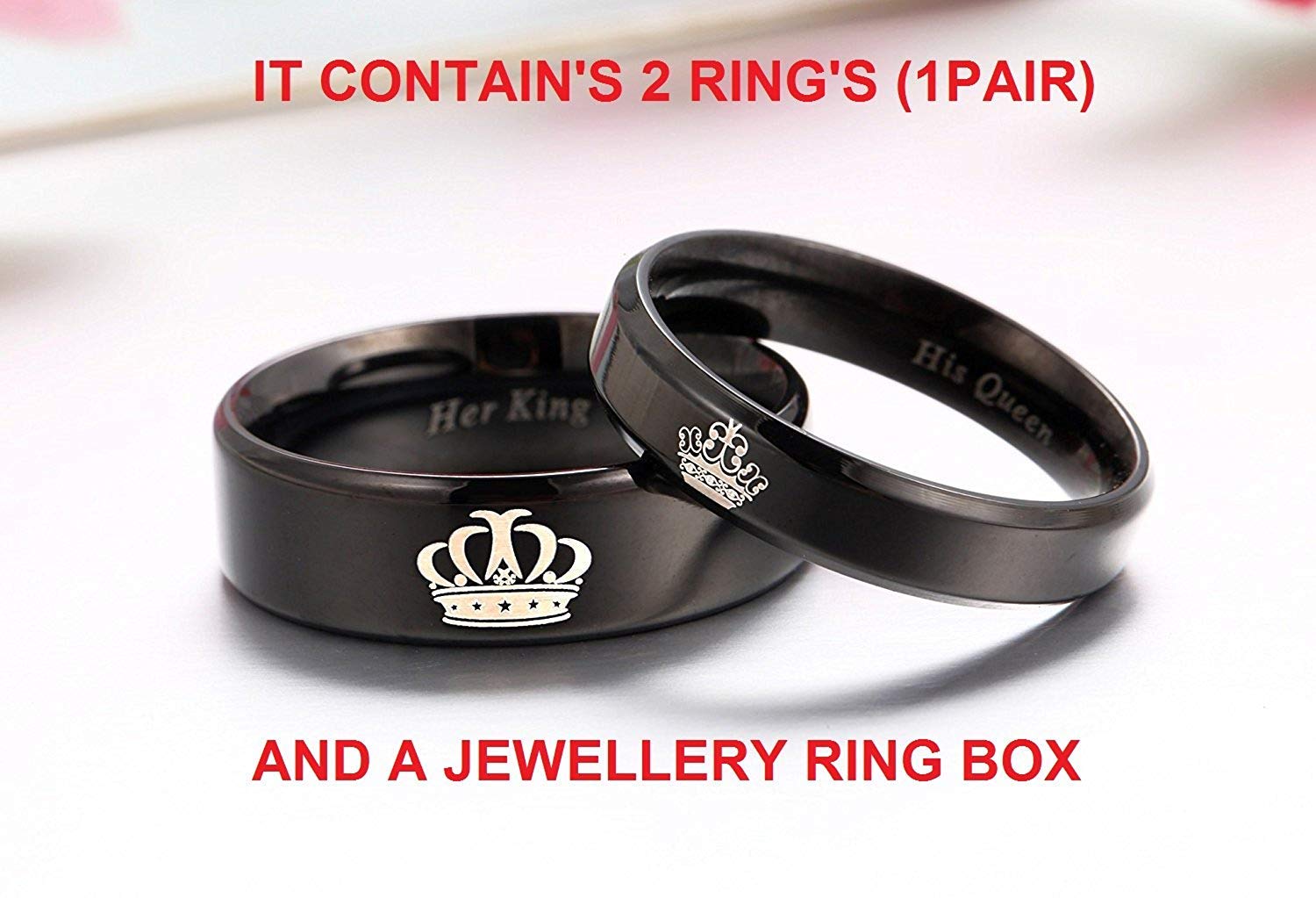 2pcs Moneekar Jewels Her King His Queen Titanium Stainless Steel Black Wedding Band Set Anniversary Engagement Promise Valentines Day Rings for Couples