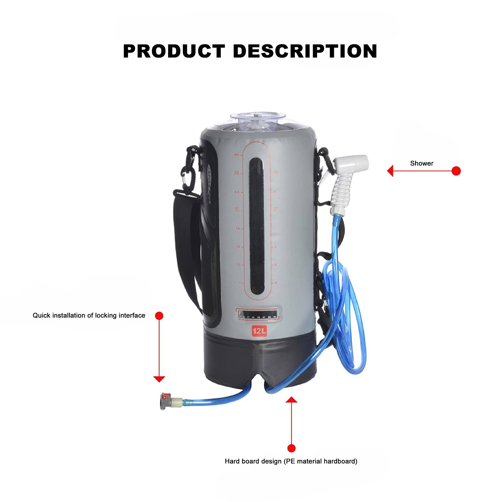 TIM-LI Douche De Camping Portable 12L - Eau Chaude Chauffée À L'énergie Solaire avec Pompe À Pied À Pression, Pommeau De Douche De Camp pour Le Nettoyage Et Le Rinçage