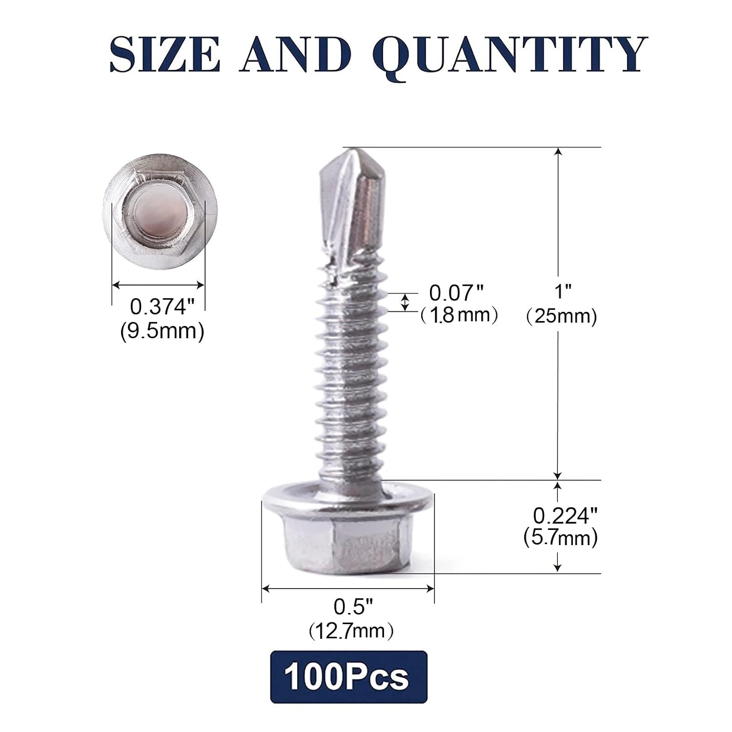 #14 x 1" Sheet Metal Screws 100PCS 410 Stainless Steel Hex Washer Head Fast Self Tapping Screws by SG TZH