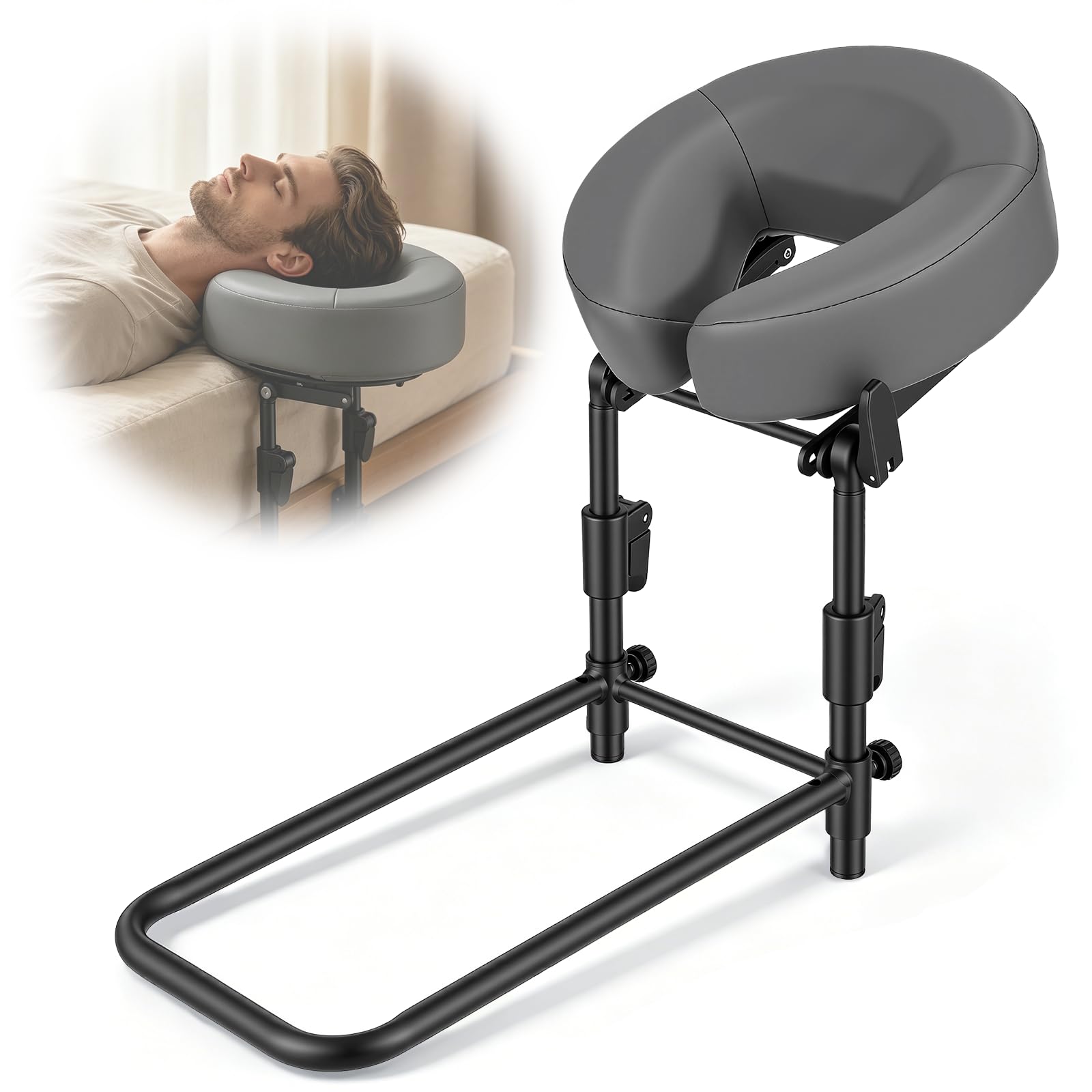 Reposacabezas de masaje para cama con marco y almohadilla ajustable, Soporte para colchón 14-45cm, Posición boca abajo tras operación ocular, Soporte facial colchón para hogar y salón de belleza, Gris
