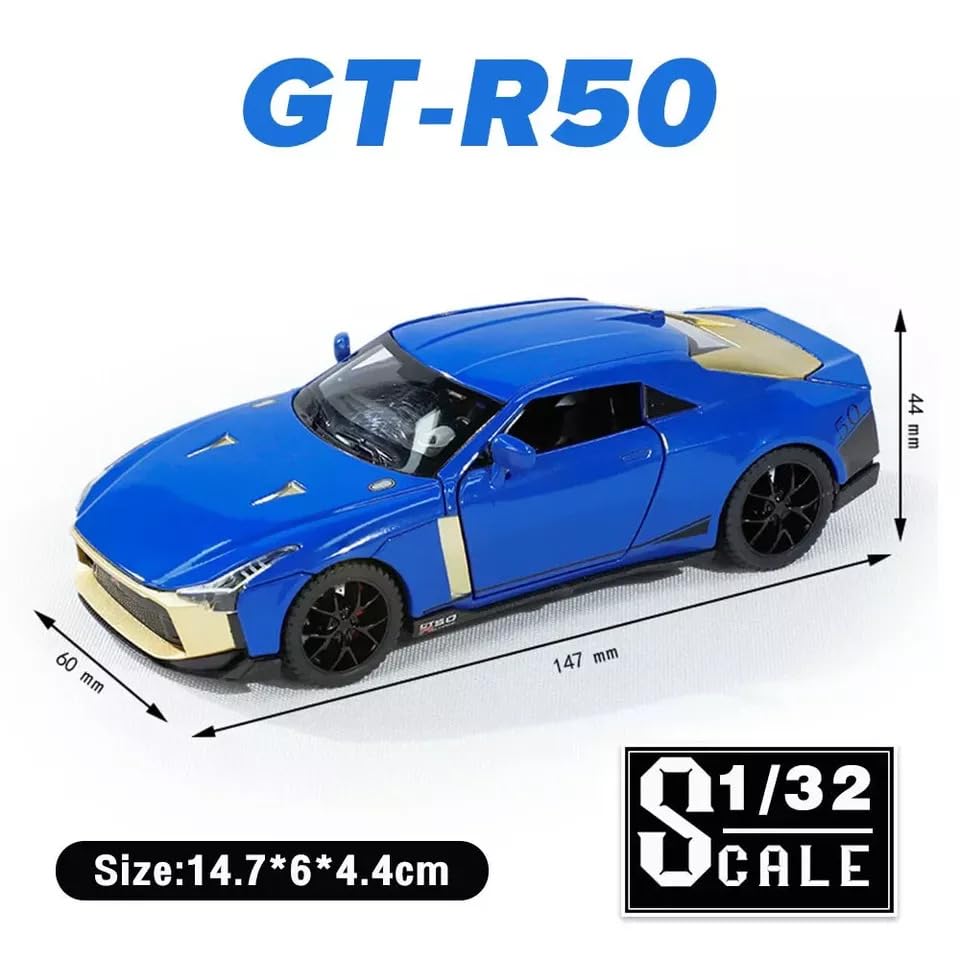 Image of 1:32 Nissan GTR50 Model Car, Diecast Collectible Pull Back Toy Car with Sound and Light for Adults, Kids, Boys, and Girls, Gift (Blue)