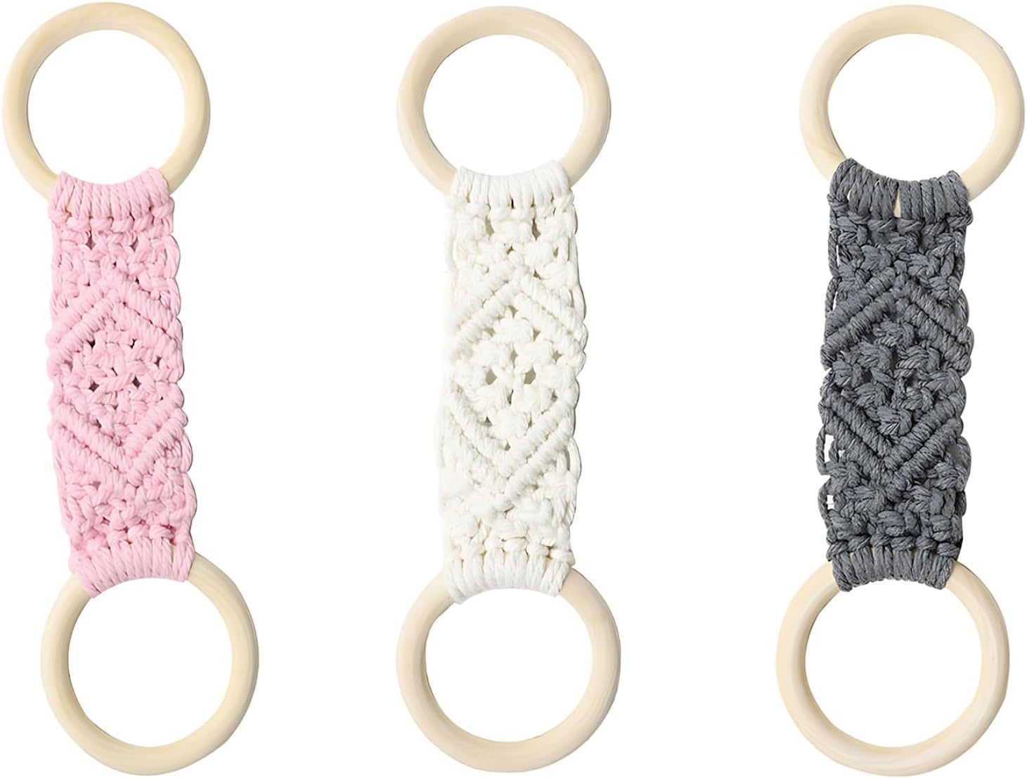 3 Pcs Macrame Towel Ring Set, 11 X 3.1 in Cotton Rope Towel Holder for Bathroom and Kitchen, Rustic Wall Decor, Beige, Gray,