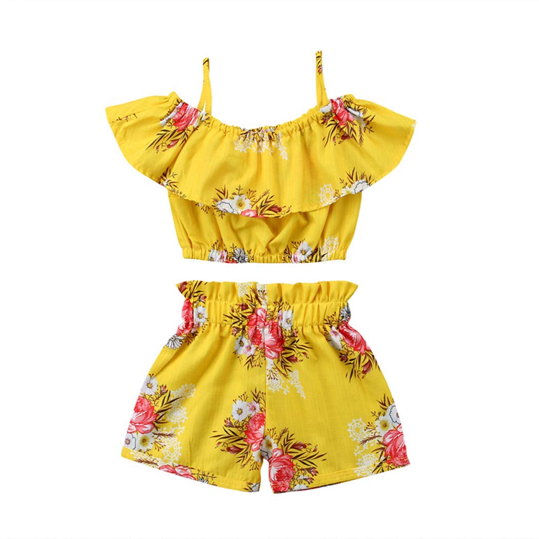 Toddler Kids Baby Girl Floral Halter Ruffled Outfits Clothes Tops+Shorts 2PCS Set (2-3 Years) Yellow