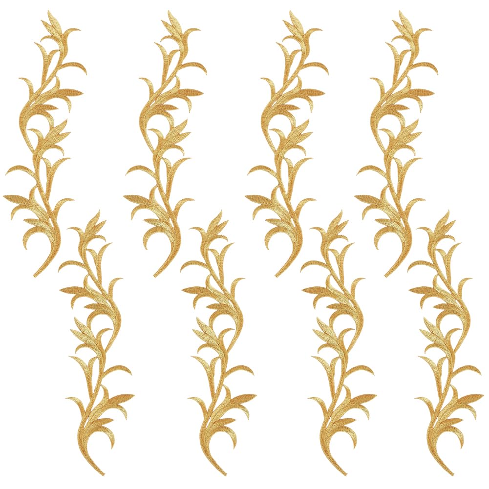 GORGECRAFT 8PCS Gold Metallic Leaf Embroidered Iron on Patch Leaves Flower Vine Border Fabric Ethnic Boho Wreath Lace Applique Scroll Motif for DIY Sewing Wedding Prom Dress Clothes Pants Shoes Pillow