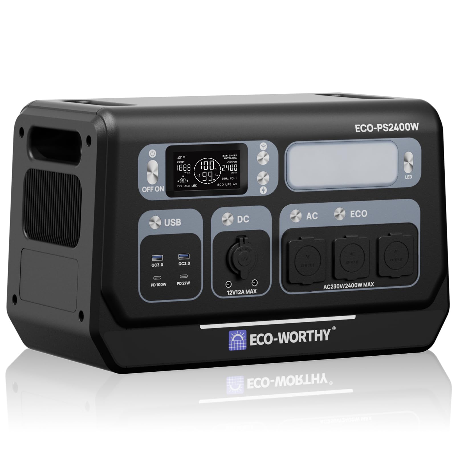 ECO-WORTHY PS2400W przenośna stacja elektryczna, 2048 Wh, przenośny generator elektryczny, 10 portów, 4800 W, moc szczytowa WiFi i Bluetooth, na kemping, zasilanie awaryjne w domu