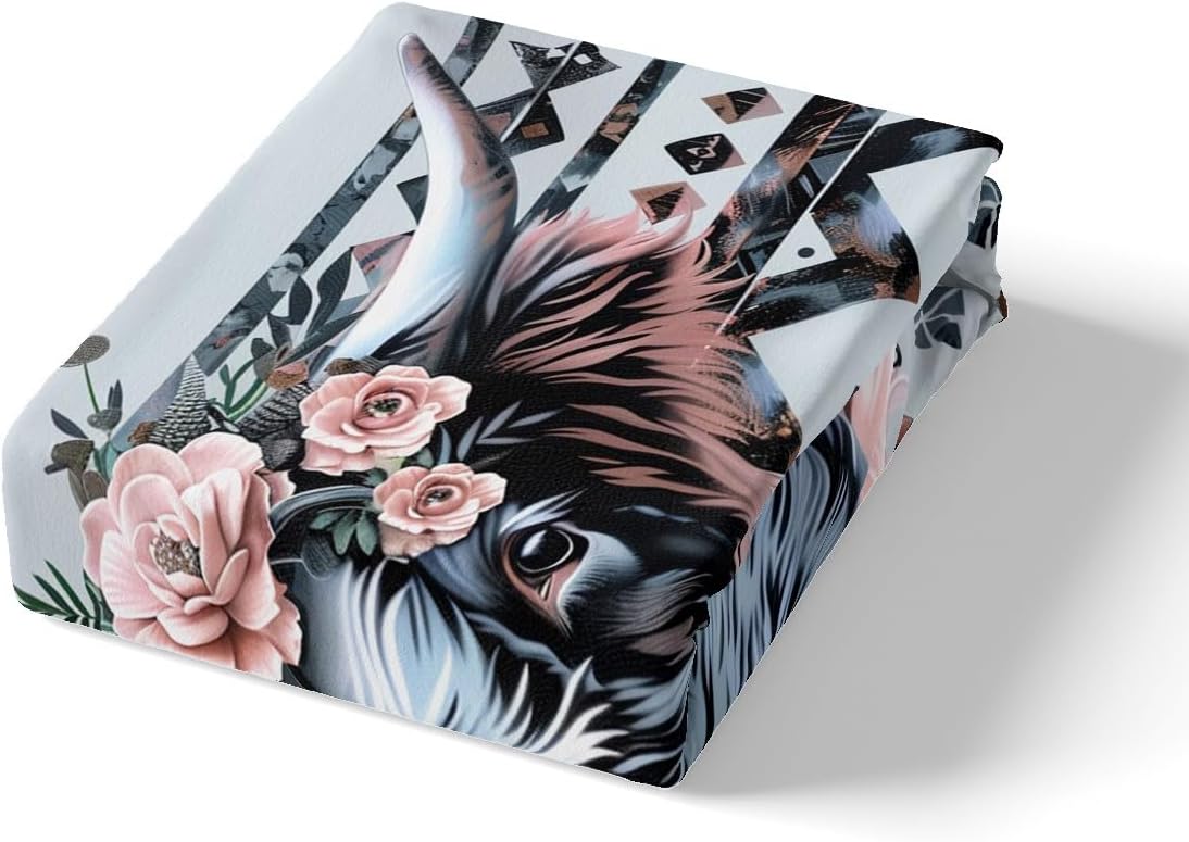 jejeloiu Highland Cow Bedding Set Western Highland Cattle Duvet Cover Twin Size for Kids Boys Girls Teens Botanical Floral Printed Comforter Cover Set Romantic Bedspread Cover with 1 Pillow Case