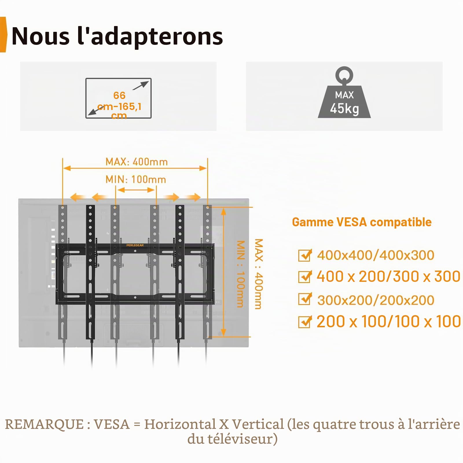 Perlegear Support Mural TV Inclinable pour LED, LCD, OLED, TV à Écran Plat de 26 à 65 Pouces, VESA Max 400×400 mm Capacité Max 45 kg
