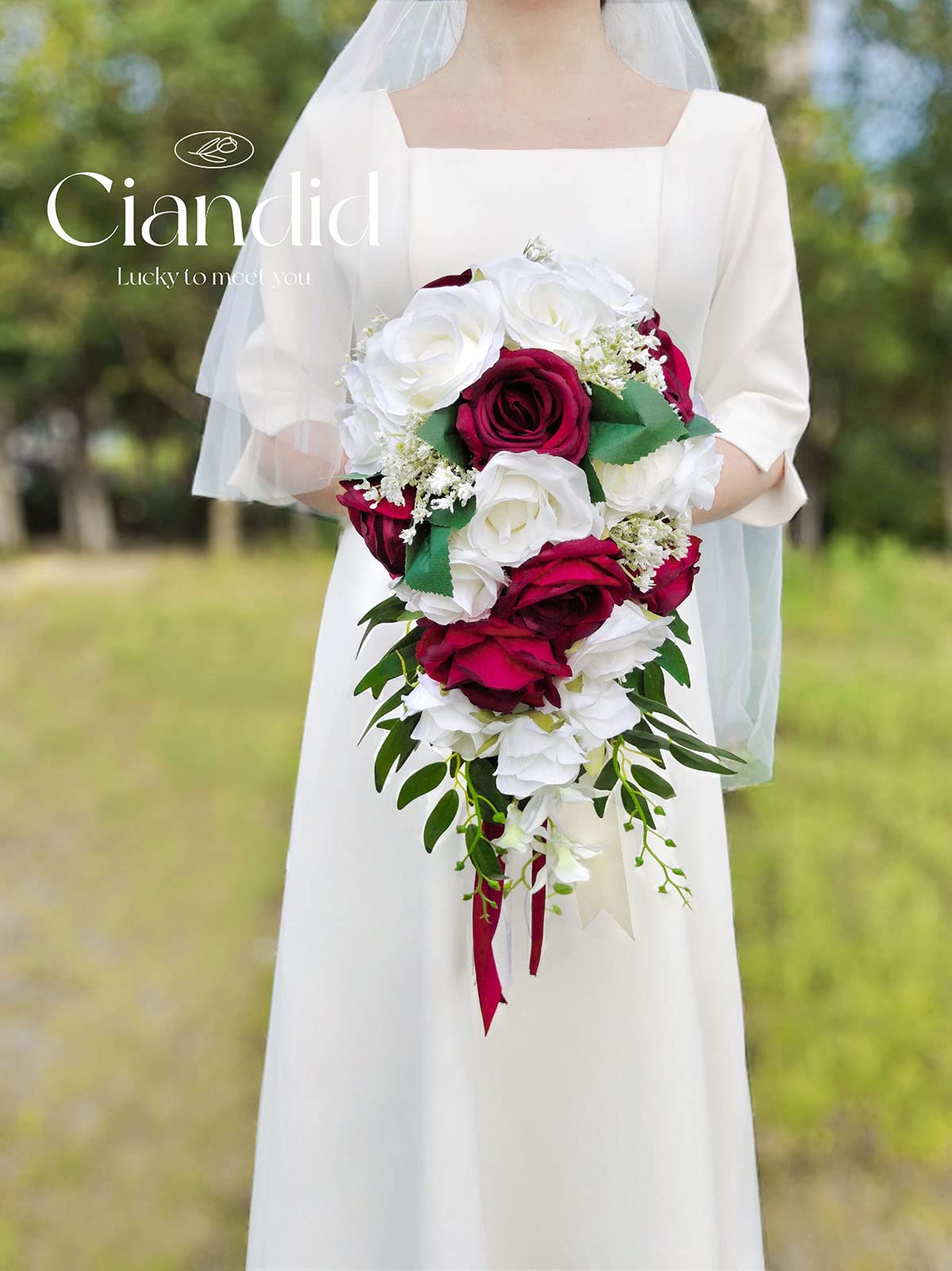 Ciandid Ramo de Novia en Cascada, Rosas Blancas y Burdeos con Cintas, Ramo de Boda Artificial para Novia, Flores de Cascada para Ceremonia de Boda, Aniversario, Ramo de Decoraciones