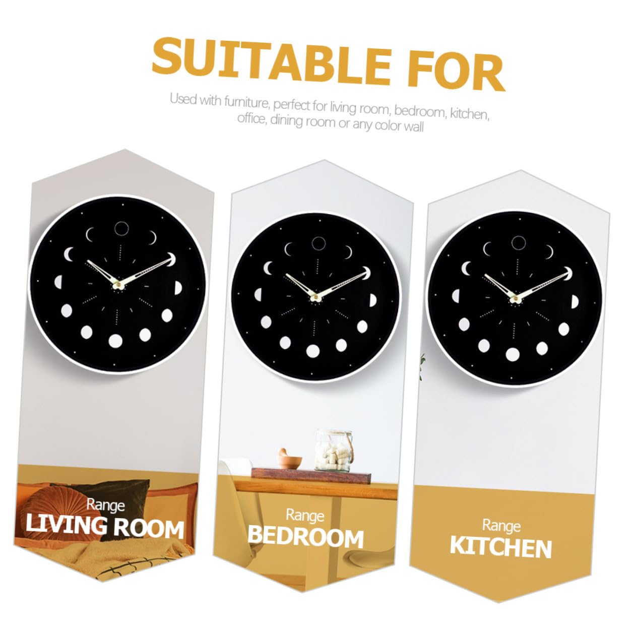 Lurrose Geräuschlose Runde Wanduhr mit Mondphasenanzeige für Schlafzimmer