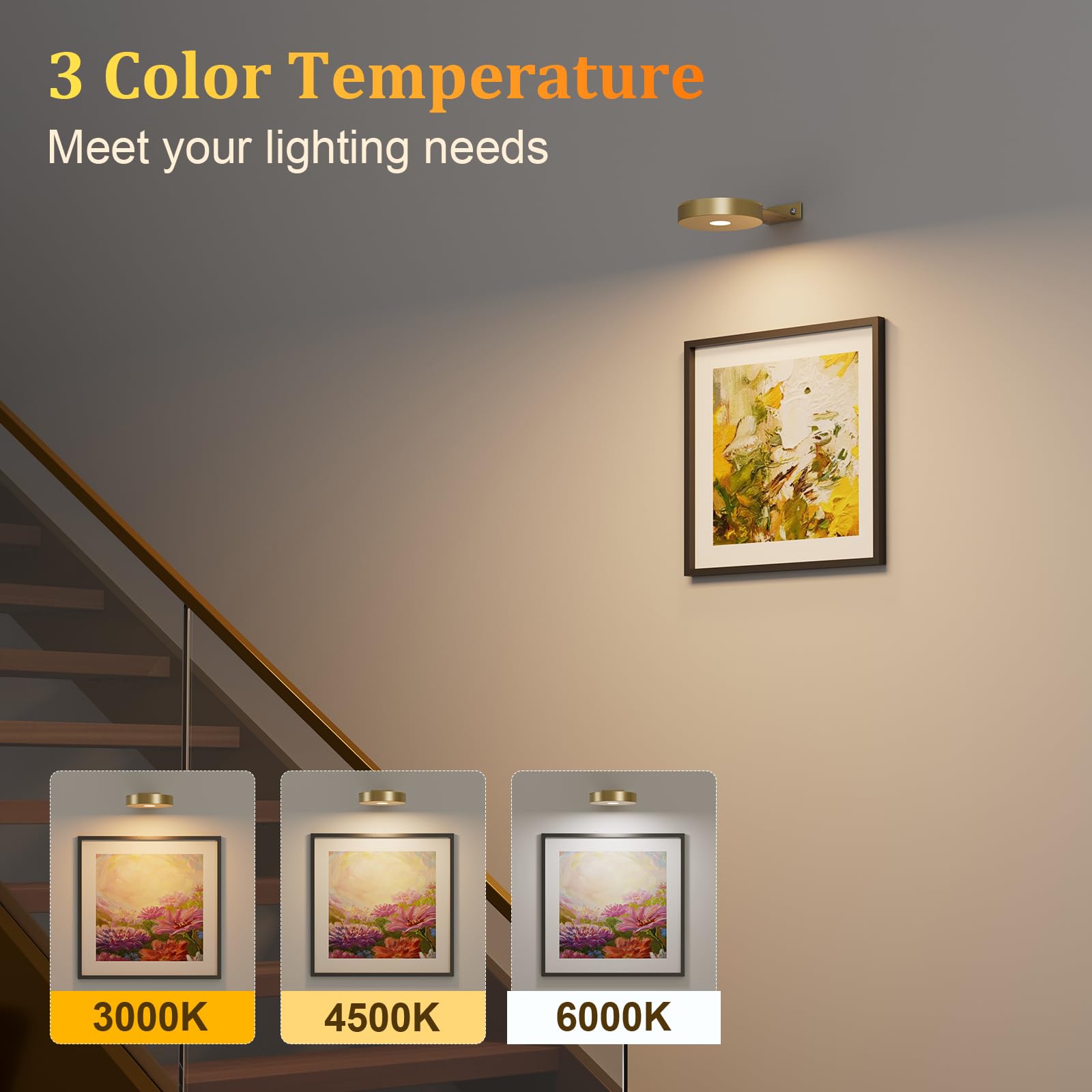 Picture Lights for Wall Battery Operated,4-Pack Magnetic Battery Operated Picture Light,Dimmable Timer Wall Lights for Pictures on Wall,Art Light for Picture Frame,Gallery,Portrait,Puck Lights, Gold