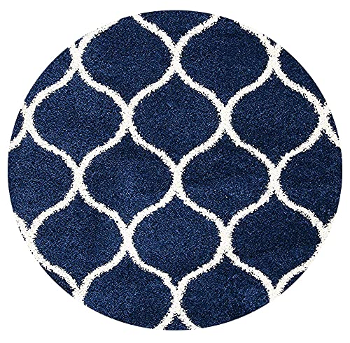 Image of Fur Shaggy Rugs and Carpets, Modern Plush Area Rug for Bedroom Living Room Floor Mat Bedside Home Decor Carpet (8x8 Feet Round, Navy Blue|Ivory)