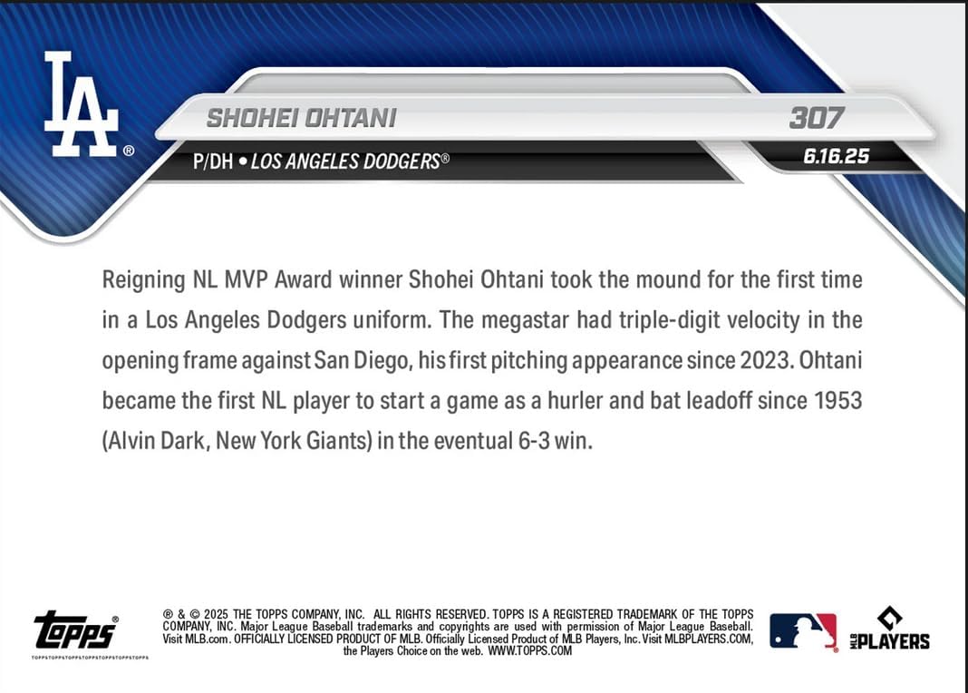 2025 Topps Now Shohei Ohtani #307 Two-Way Phenom Makes Dodgers Pitching Debut Los Angeles Dodgers Baseball Card