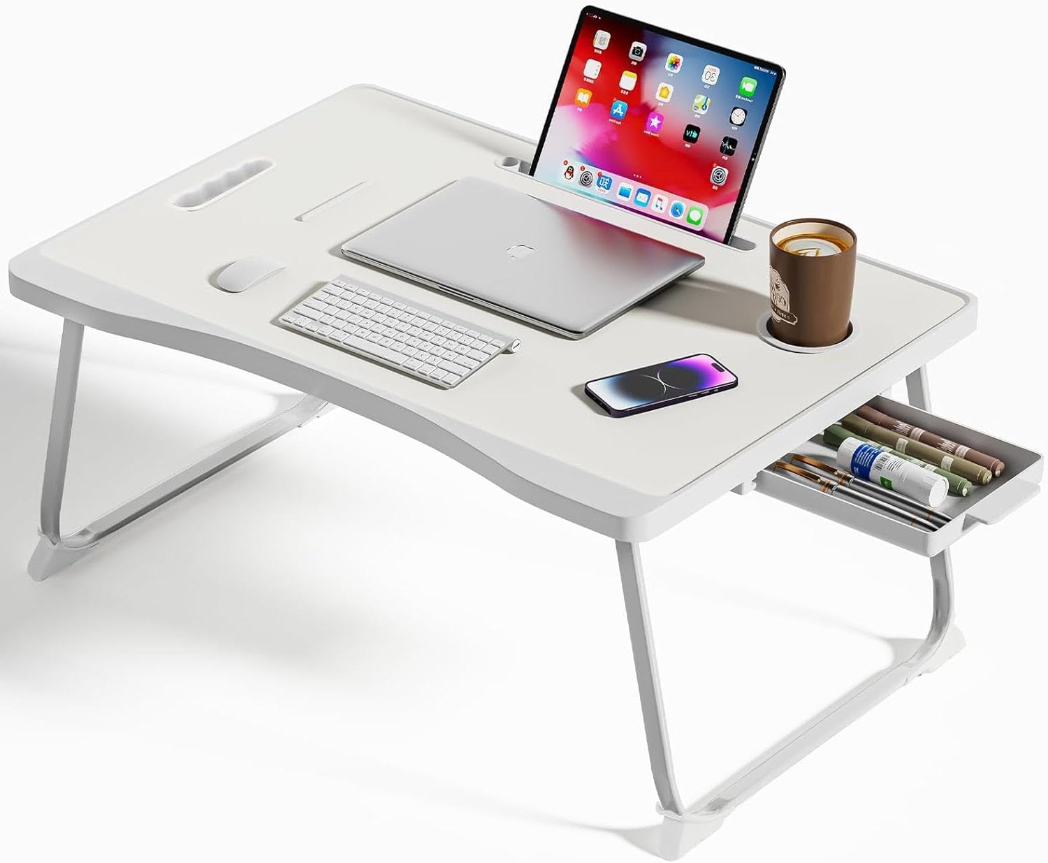 BTGGG Laptop Bed Table, Portable Lap Bed Desk with Handle, Foldable Computer Bed Table with Cup Slot & Side Drawer, Notebook Stand Breakfast Bed Tray for Bed, Sofa, Balcony,Carpet (White)