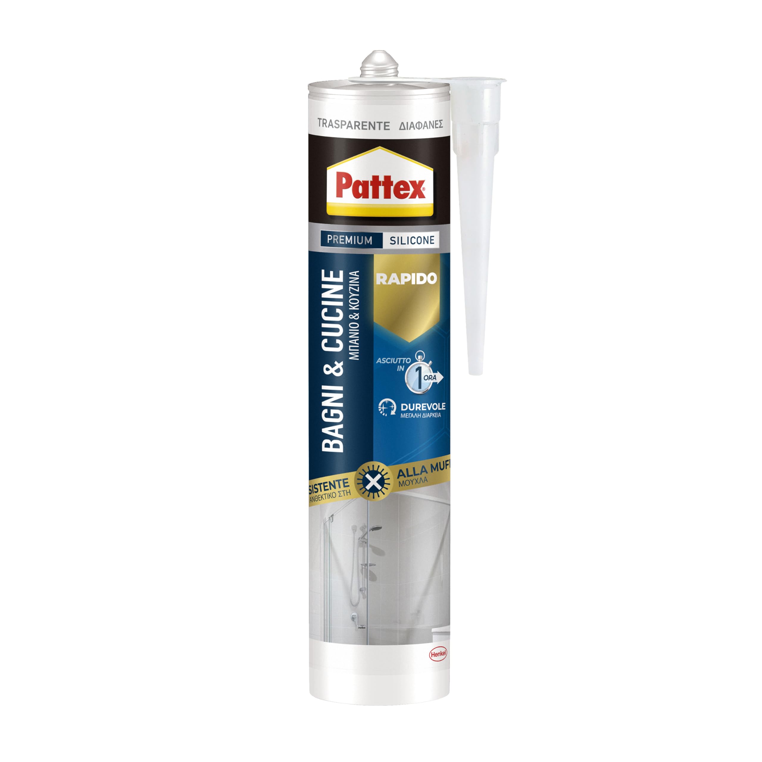 Pattex Bagni&Cucine Rapido Trasparente, Silicone trasparente sigillante ad asciugatura rapida, Sigillante bagno impermeabile, Sigillante antimuffa in cartuccia, 1x300ml