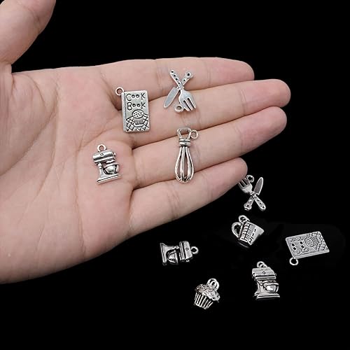 Miniatura 4 de Honbay 60 dijes de aleación para hornear, taza medidora, batidor de huevos, cupcakes, mezclador de cocina, colgantes de cocina para aretes,